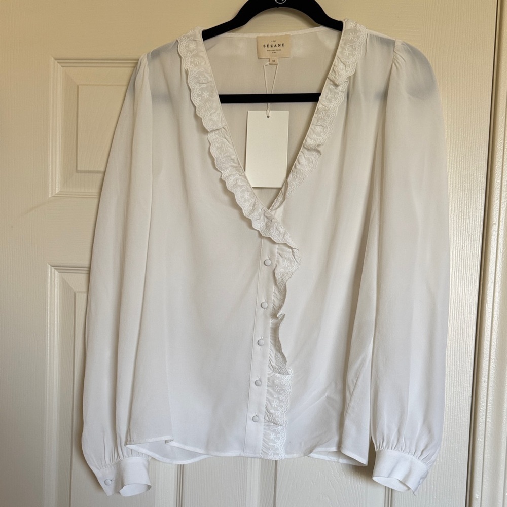 Sezane Rosine Ecru Silk Ruffle Button-Up Blouse US 4 FR 36